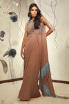 Shop_Babita Malkani_Brown Tulle Floral Round Ombre Fringed Saree Gown_at_Aza_Fashions