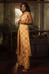 Shop_Suave_Orange Denim, Chiffon Embroidery V-neck, Bloom Print Trench Jacket Pant Set _at_Aza_Fashions