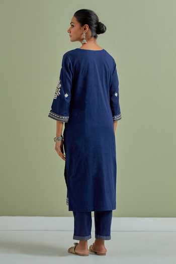 Shop_Priya Chaudhary_Blue Cotton, Kota Doria Embroidery Round Neck Kurta Set With Dupatta _at_Aza_Fashions