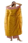 Khat_Yellow Chanderi Silk, Poplin Tassels V-neck Pintuck Kaftan And Flared Pant Set _Online_at_Aza_Fashions
