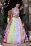 Shop_Nitisha Kashyap Official_Multi Color Net, Silk Tassels, Mirrors, Embroidery Tie And Dye Lehenga Set _at_Aza_Fashions