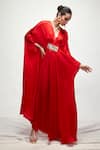 Shop_Ranian_Red Silk Embroidered V Neck Pleated Kaftan_at_Aza_Fashions