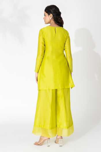 Shop_The Aarya_Yellow Handloom Cotton, Viscose, Organza Ruffles, Chanderi Lace Kurta Set _at_Aza_Fashions
