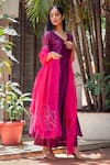 Shop_The Aarya_Purple Chanderi, Viscose Embroidery V-neck Handwoven Anarkali Palazzo Set_at_Aza_Fashions