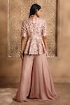 Shop_OMANA BY RANJANA BOTHRA_Pink Peplum - Cupro Raw Silk Embroidery Thread Zareen Floral Top And Sharara Set _at_Aza_Fashions