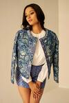 Shop_Betrue_Blue Chanderi Cotton, Silk Embroidery Geometric Pattern Jacket And Short Skirt Set _at_Aza_Fashions