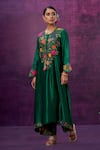 Shop_Label Niti Bothra_Green Kora Silk Applique Mughal Round Kurta And Palazzo Set _at_Aza_Fashions