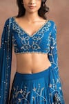 Shop_Pleats by Kaksha and Dimple_Blue Crepe V Neck Embellished Lehenga Set_Online_at_Aza_Fashions