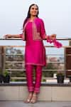 Shop_Kefi Collections_Pink Kurta- Raw Silk Embroidery Band Collar Baani Short Jacket And Set  _at_Aza_Fashions