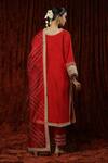 Shop Shikhar Sharma Red Silk Chanderi Embroidered Pearl V Neck Kurta Pant Set at Aza Fashions Shop_Shikhar Sharma_Red Silk Chanderi Embroidered Pearl V Neck Kurta Pant Set _at_Aza_Fashions
