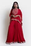 Shop_Brij_Red Spun Silk Embroidered Kanchi Tissue Scalloped Hem Cape And Flared Pant Set _at_Aza_Fashions