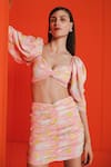 Shop_July Issue_Peach Polyester Crepe Print Floral Sweetheart Neck Bandeau Top With Skirt _at_Aza_Fashions