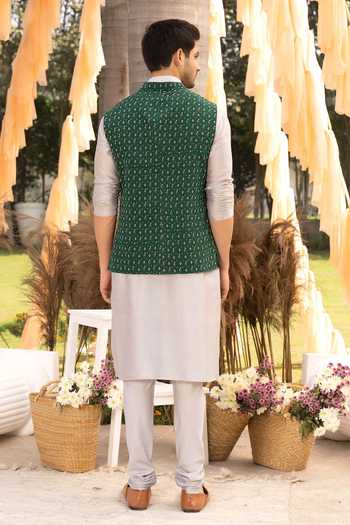 Shop_Chhavvi Aggarwal_Green Crepe, Chanderi Cotton, Gingham Embroidery Floral Printed Bundi Kurta Set _at_Aza_Fashions