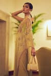 Shop_Moledro_Beige Georgette And Butterfly Net Lily Patchwork One Shoulder Nehar Kaftan_at_Aza_Fashions