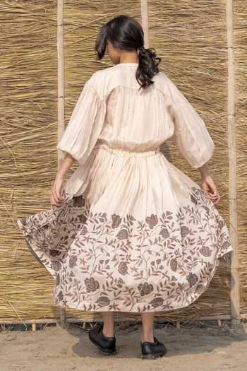 Shop_Ayaka_Ivory Cotton, Viscose Embroidery Mandarin Collar Floral Block Print Dress _at_Aza_Fashions