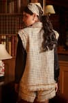 Shop_Label Deepika Nagpal_Gold Tweed Checkered Pattern Collared Neck Jacket Pant Set _at_Aza_Fashions