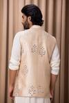 Shop_Ankit V Kapoor_Beige Raw Silk Hand Embroidered Mirror Work Hasan Nehru Jacket _at_Aza_Fashions