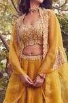 Shop_Prisho_Yellow Silk, Organza Embroidery Round Neck Floral Lehenga Set _at_Aza_Fashions