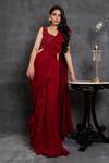 Shop_Sunita Bhandari_Maroon Viscose, Georgette Cut Ruffle Pre-draped Saree With Sleeveless Blouse _at_Aza_Fashions