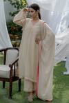 Shop_Daljit Sudan_Cream Phiran And Pant Crepe Embroidered Kashmiri Tilla Aari V Work Kurta Set _at_Aza_Fashions