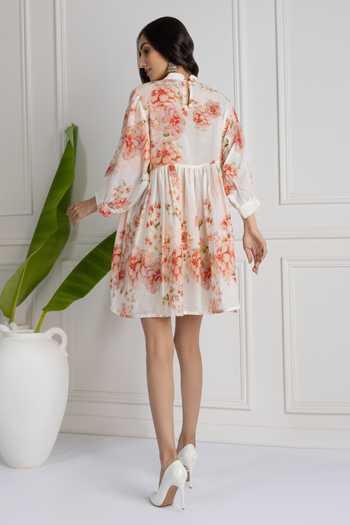 Shop_HOUSE OF TA-YA_White Cotton Bandeau Neck Floral Spring Pattern Dress _at_Aza_Fashions