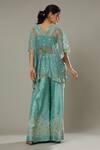 I am Design_Blue Raw Silk Hand Embroidered Floral Peppermint Candy Palazzo Set With Kaftan _Online_at_Aza_Fashions