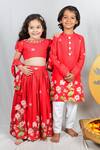 Shop_Vivedkids_Red Crepe Printed Bandhani And Lotus Print. Pichwai Short Kurta Set _at_Aza_Fashions