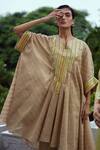 Shop_Moledro_Beige Chanderi Brocade Geometric Pattern Notched Khanak Kaftan And Pant Set_at_Aza_Fashions