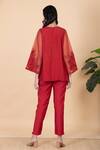 Shop Chambray & CO. Red Silk Embroidery Collared Suzie Sleeve Top And Pant Set at Aza Fashions Shop_Chambray & CO._Red Silk Embroidery Collared Suzie Sleeve Top And Pant Set _at_Aza_Fashions