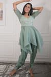 Shop_PIRI INDIA_Green Top  Organza And Chanderi Hand Peplum & Dhoti Pant Set  _at_Aza_Fashions