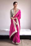 Shop_Shorshe Clothing_Pink Silk Satin Hand Embroidered And Embellished Pearl & Gota Handwoven Saree _at_Aza_Fashions