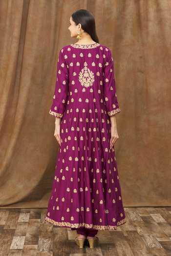 Shop_Surbhi Shah_Magenta Silk, Tissue Embroidery, Fringe Scoop Neck Aari Work Anarkali Set _at_Aza_Fashions