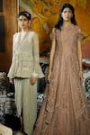 Shop_Sahil Kochhar_Pink Silk Organza Embroidery Round Neck Shamsa Floral Gown _at_Aza_Fashions