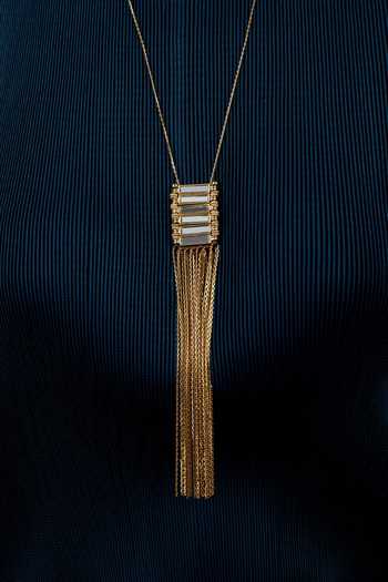 Shop_House Of Tuhina_Gold Plated Mirror Studded Qabeela Fringe Neckstring _at_Aza_Fashions