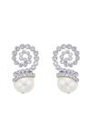 Shop_Isharya_Silver Plated Japanese Cotton Ball Pearl Crystal Swirl Drop Earrings_at_Aza_Fashions