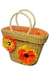 Shop_Gin & Tonic_Beige Paper Raffia Flowers Embellished Basket Woven Beach Bag _at_Aza_Fashions