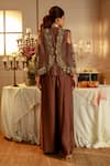 Shop_Nehha Nhata_Brown Satin Embroidery Open , Round Ruffle Jacket And Flap Pant Set _at_Aza_Fashions