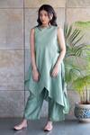 Shop_Cupid Cotton_Green Chanderi Silk, Organza Embroidery Round Asymmetric Hem Kurta Pant Set _at_Aza_Fashions
