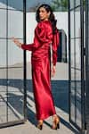 Shop_HOUSE OF FETT_Red Satin Embroidered Cutdana Cowl Neck Ruby Draped Gown _at_Aza_Fashions