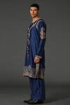 Shop_Rar Studio_Blue Chanderi Handloom (50%silk X 50%cotton) Angrakha Jacket Kurta Set _at_Aza_Fashions