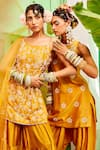 Mona and Vishu_Yellow Modal Satin Hand Embroidered Pearl Work Kurta Tulip Pant Set _Online_at_Aza_Fashions