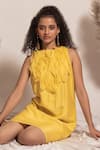 Shop_Vanshika Agarwal Label_Yellow Organza, Brs, Lining Taffeta Round Neck Kara Ruffle Dress _at_Aza_Fashions