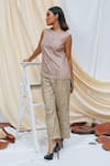 Shop_Couche_Beige Tweed Embroidery Sequin And Beads Sleeveless Top & Trouser Set  _at_Aza_Fashions