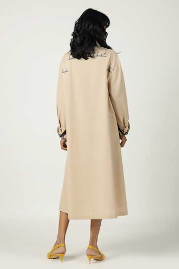 Shop_Shahin Mannan_Beige Poplin Embroidery Shawl Neck Measuring Tape Front Pleated Dress _at_Aza_Fashions