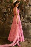Shop_House of Exotique_Pink Net Sequins, Crystals Round Neck Floral Embroidered Bridal Lehenga Set _at_Aza_Fashions