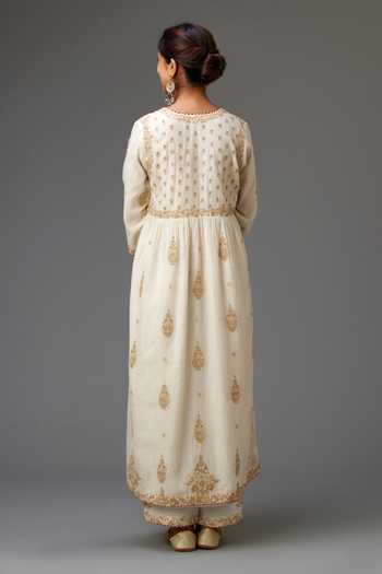 Shop_Kora_Off White Cotton, Silk, Chanderi Gota Patti, Sequins, Yoke Anarkali Set _at_Aza_Fashions