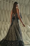 Shop_Rohit Gandhi + Rahul Khanna_Blue Tulle Crystals Plunge Neck Crest Embellished Blouse _at_Aza_Fashions