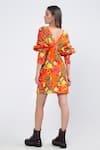 Shop_Ekastories_Orange Cotton Printed Coral Cat V Neck Dress _at_Aza_Fashions