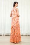 Shop_Mandira Wirk Resort_Orange Georgette, Lurex Halter Neck Multi Color Tiered Willow Print Dress _at_Aza_Fashions