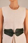 Shop_Ampm_Green Studs Laser Cut Leather Corset Belt_at_Aza_Fashions
